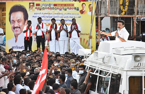 MK Stalin during election campaigning | Pic: Express