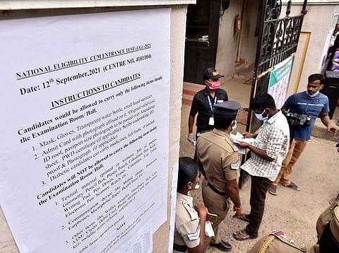 Students lining up to enter a NEET exam centre in Chennai | Pic: EPS