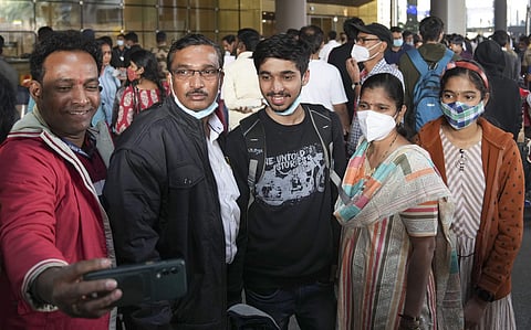 Indian nationals, evacuated from crisis-hit Ukraine, being welcomed by relatives upon their arrival (Pic: PTI)