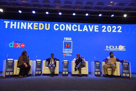 Kaveree Bamzai in conversation with DMK spokesperson Saravanan Annadurai (left) INC spokesperson Prof Gourav Vallabh (right) and Sudhanshu Trivedi, BJP spokesperson (centre) | Pic: R Satish Babu/ EPS