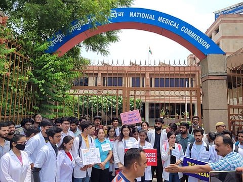 Students protested outside the NMC office in Delhi on July 5