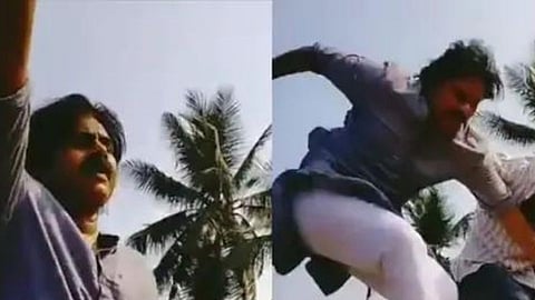 Pawan Kalyan falls from his car after a fan tries to hug him.