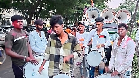 On occasion of Ganeshotsav Bappa's arrival procession, musicians playing drums