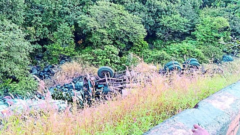 The container fell into a 50 feet gap in the ghat and the front part was damaged.
