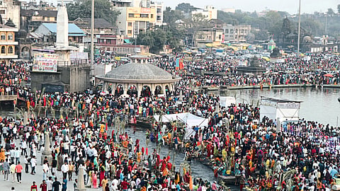 Crowd gathered at Ramkunda on Monday morning to pray to the sun.