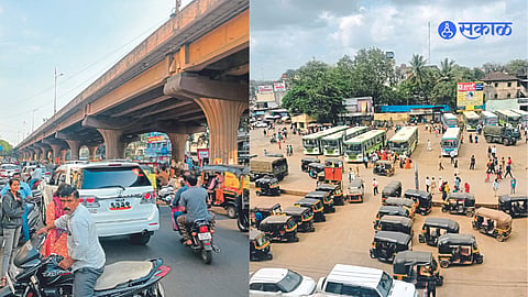 Traffic jam at Bitco Chowk. In the second photo, a crowd of rickshaws and private vehicles at the bus stand.