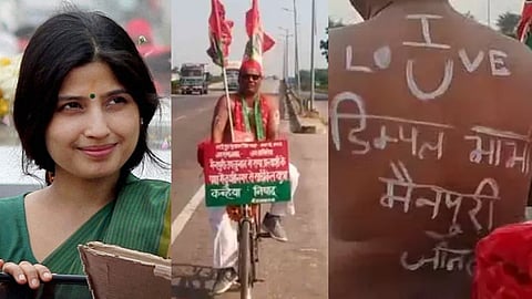 i love u dimpal bhabhi written on his body samajwadi supporter travelling 700 km on cycle
