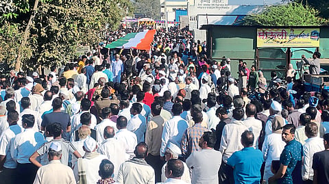 The crowd swelled in the funeral procession of Jawan Sarang Ahire.