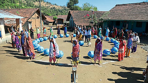 Wheel drums given to the women here by the organization 'Wells on Wheels' at ghanicha wada