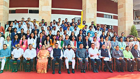 Niece Priyanka Mohite from Pingalwade with Chief Minister Eknath Shinde and Deputy Chief Minister Devendra Fadnavis during the Parliament visit.