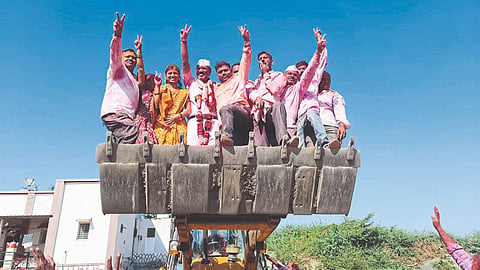 Victory procession taken out from JCB after Kokate group's Sarpanch candidate Sambhaji Jadhav's victory in Gram Panchayat elections.