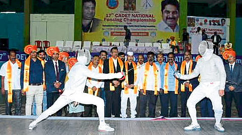 Pramod Jadhav, Anna Patil, Chandrakant Bankar etc. during a colorful fight on Sunday at the inauguration of the 17th National Fencing Tournament.