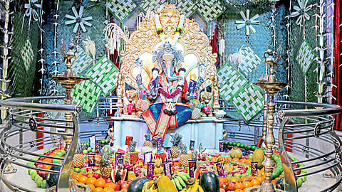 On the occasion of Maghi Ganesha Jayanti, the silver Ganapati temple has a grand arrangement of fruits.