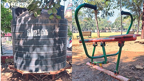 The disrepair of the toys in Sant Gadge Maharaj Udyan and the dilapidated water tank in the second photo.
