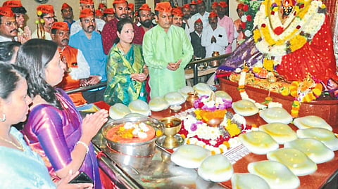 Officials of Chhatrapati Sena during the Puja by offering Kavdas from Kavdya Mala at the feet of Tuljabhavani Devi.