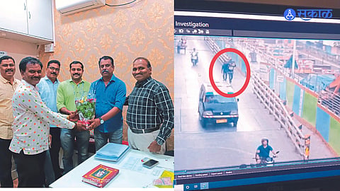 Dr. Da. Bh. Dattatray Patil while honoring the policemen along with police officer Raja Bidkar of the police station on the road. In the second photograph, the two thieves are seen in the CCT footage carrying the amplifier on their heads.