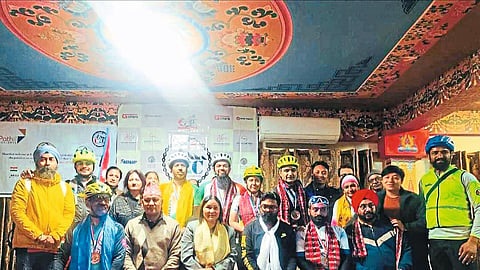 Member of Delhi to Kathmandu cross country cycle ride and Nashik's Dr. Deputy Chairperson of Nepal Indrarani Magar welcoming Mustafa Topiwala. Officers of the Indian Embassy in the neighborhood.