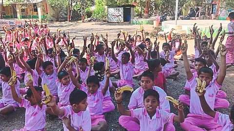 Pupils with extra food bananas at Zilla Parishad Primary School here.