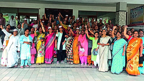 Employees from various departments joined the protest in front of the Panchayat Samiti office on Wednesday.