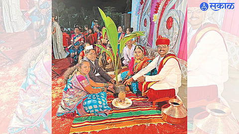 Vishnu Vagh and Vaishali Vagh, Vishnu Vagh and Vaishali Vagh, while gifting a coconut tree to the bride and groom while donating a tree to their niece's wedding.