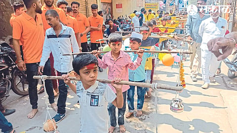 On the occasion of Rajerghujibaba Yatra, mask and Ganga water procession started here on Tuesday