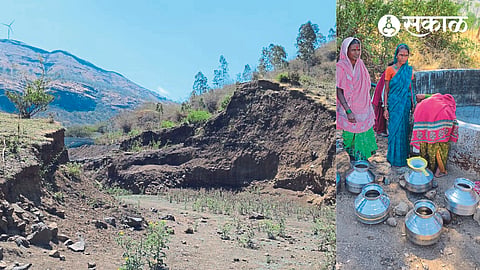 The seepage lake here burst due to heavy rains. In the second picture, the struggle of women for a bucket of water at the bottomed well is going on