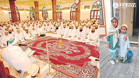 Alhad Mehlam Burhani Bhaisaheb giving a sermon to the community on the occasion of Ramadan Eid. In the second photo, Rukayya and Abizar Dilawar, sisters and brothers, dressed in traditional attire