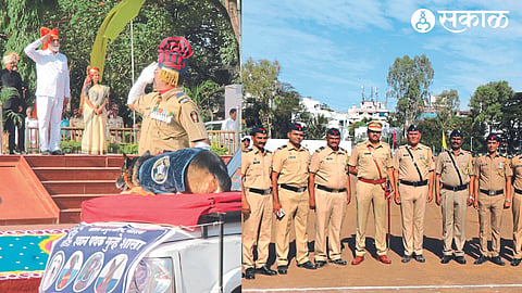 Guardian Minister Dada Bhuse next to a dog while giving human salute in the Maharashtra Day ceremony on Monday at the police drill ground.