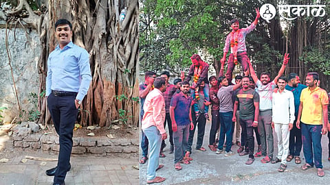Bharat Nagre celebrating with friends after being elected Deputy Education Officer.