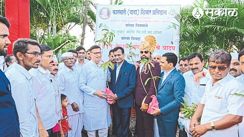 Dignitaries distributing saffron mango saplings to guests at a wedding ceremony