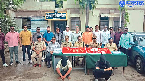 Police officers and action team present with suspects in jewelery theft case.