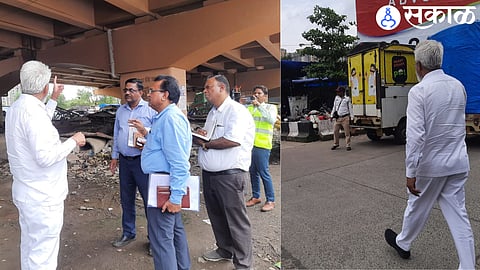 Guardian Minister Dada Bhuse while giving understanding to the drivers who park their vehicles on the side of the highway in Kalyan Phata and interacting with the officials.