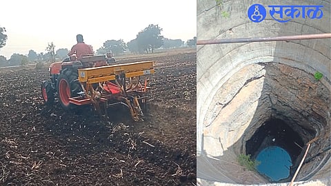 Planting of horticultural rabi gram in progress by tractor, the water level of the well has gone deep.
