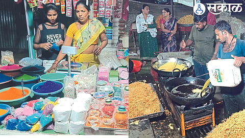 Businesswoman preparing to sell various items including Panati on the occasion of Diwali. In the second photo, the preparation of ready-made snacks.