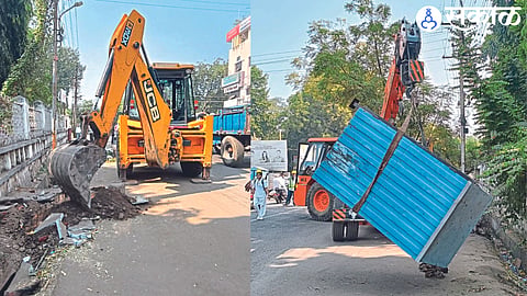 A team of Public Works Department during encroachment clearance operation in front of Civil Hospital on Sakri Road.