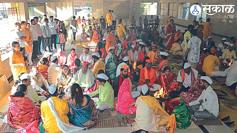 A couple worshiping Mangal Akshata during the Pran Pratishtha ceremony of Shri Ram Temple in Ayodhya.
