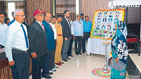 Dignitaries paying tribute to the martyred soldiers in a program organized by the District Military Office on the occasion of Indian Armed Forces Flag Day on Thursday.