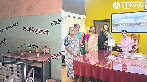 Liquor bottles lying on a school desk chair. In the second picture, Ekta Khaire giving a statement to the municipal officials about the school's problem