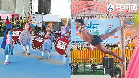 Young girls and boys of the Sahasrnad Dhol troupe playing drums at the opening ceremony of the Yuva Mahotsav. In the second photo, the youngster doing a thrilling workout.