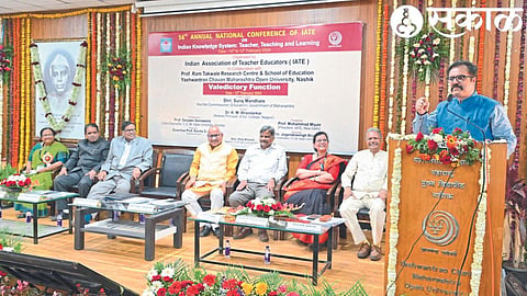 Education Commissioner Suraj Mandre speaking at the closing program of the National Conference held at Yashwantrao Chavan Maharashtra Open University on Monday.