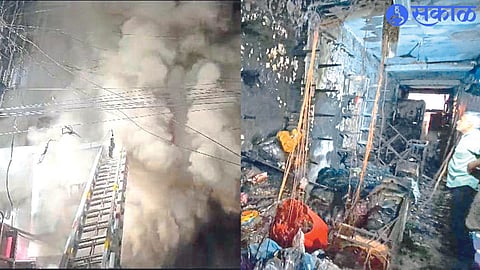 Municipal fire brigade personnel dousing the fire at a textile shop on Agra Road in the city. In the second picture, the condition of the shop in the fire.