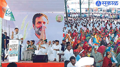 Congress leader Rahul Gandhi speaking at a meeting held on the occasion of Bharat Jodo Nyaya Yatra on Thursday. Sharad Pawar, the leader of NCP (Sharad Pawar group) on the platform