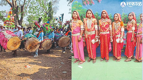 Tribal artists performing traditional drumming in market. In second photo, young women in traditional attire,