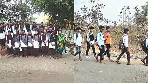 Students while waiting for bus. In second photo, students walking to school in absence of a bus.