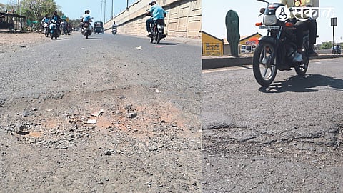 Pothole lying on the service road near the highway near Agrawal Hospital. Potholes on highway in front of cement godown near Tambapura