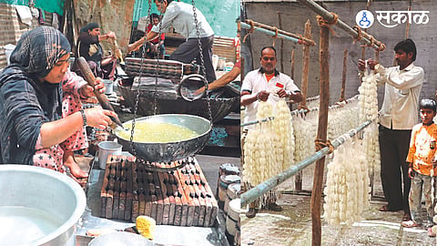 Female craftsman pouring sugar syrup into a necklace mold & While accumulating the goods of necklace bracelets made at one place.