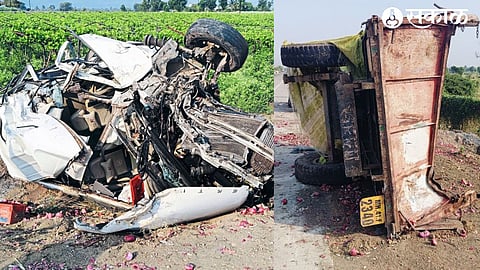 Irtiga car involved in an accident at Aundane Shivara between Satana Taharabad on Sakri-Shirdi highway.
