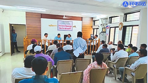 Officials present at pre kharif season review meeting at Tehsil office.