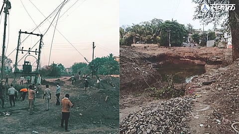 Electricity board staff during Raver electricity connection work, Water accumulated in a pit due to a leak in the municipal water line on Juna Savda road.