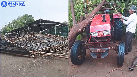Onion traders shed destroyed by storm and Damage caused by falling tree on tractor.